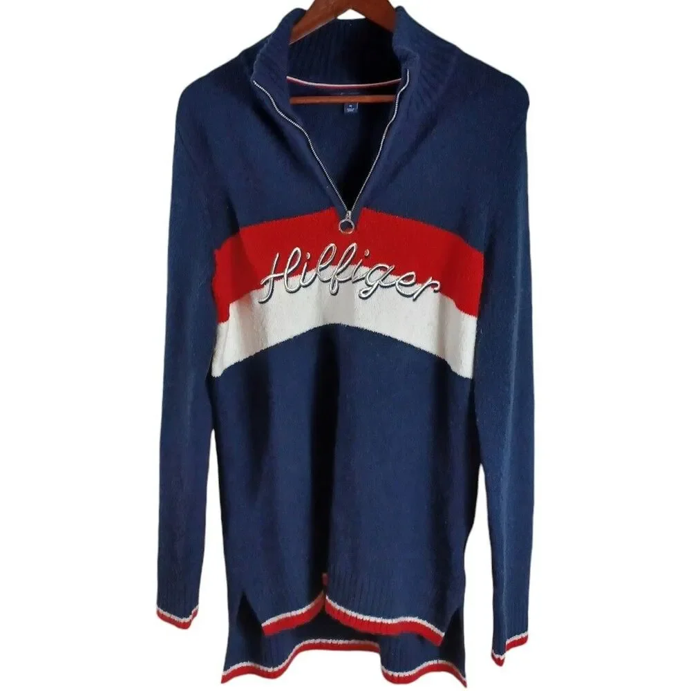 Tommy Hilfiger M Preppy Y2K Sweater Blue 1/4 Zip Long Sleeve Wool Blend Script